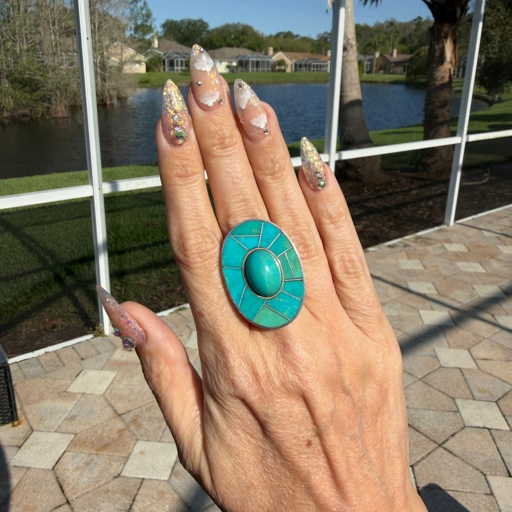 Jay King DRT‎ 925 Silver Turquoise Inlay Statement Ring Sz 6.5 Oval Southwestern
